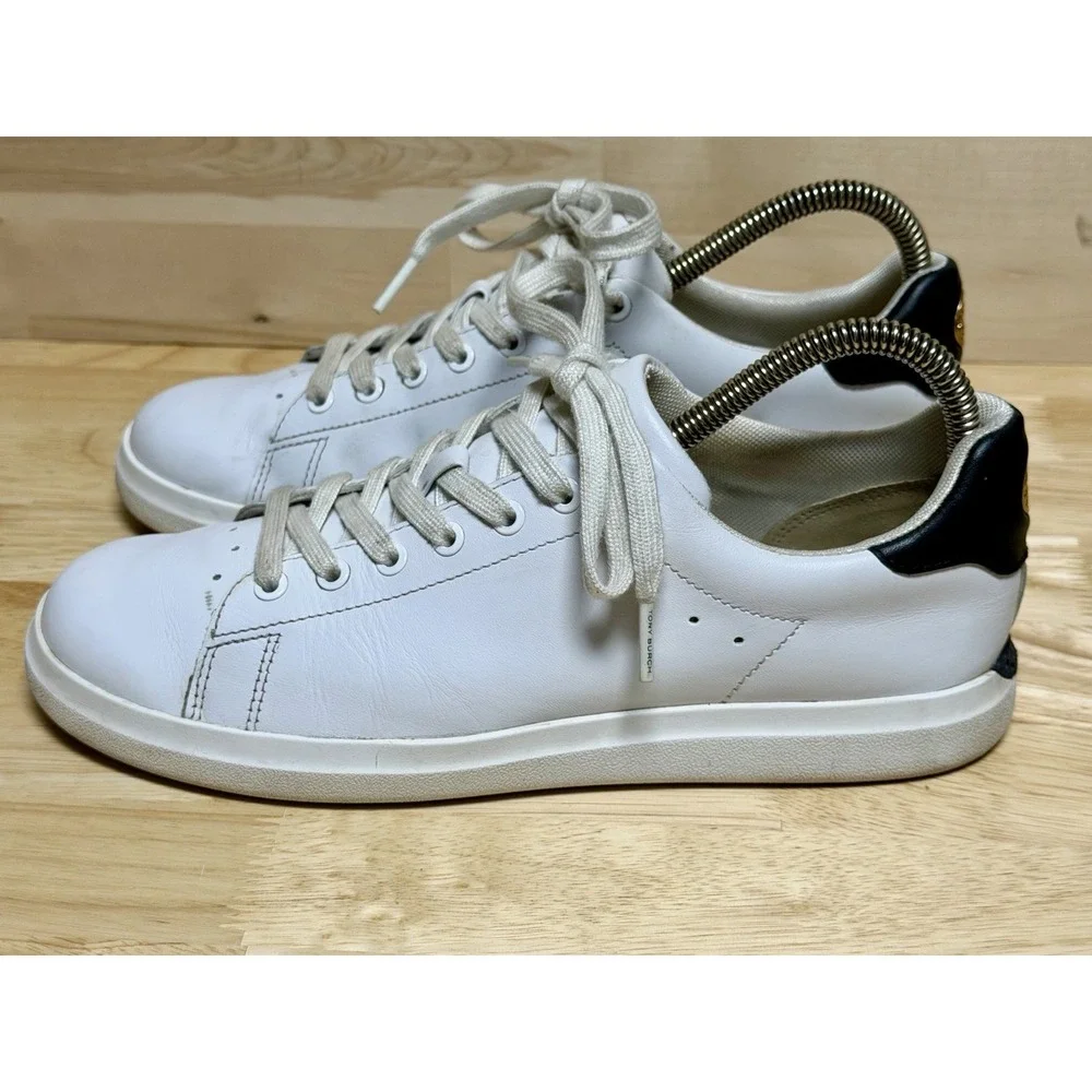 Tory Burch Howell Court Sneakers Womens 8 White Leather Navy Gold Logo 73057